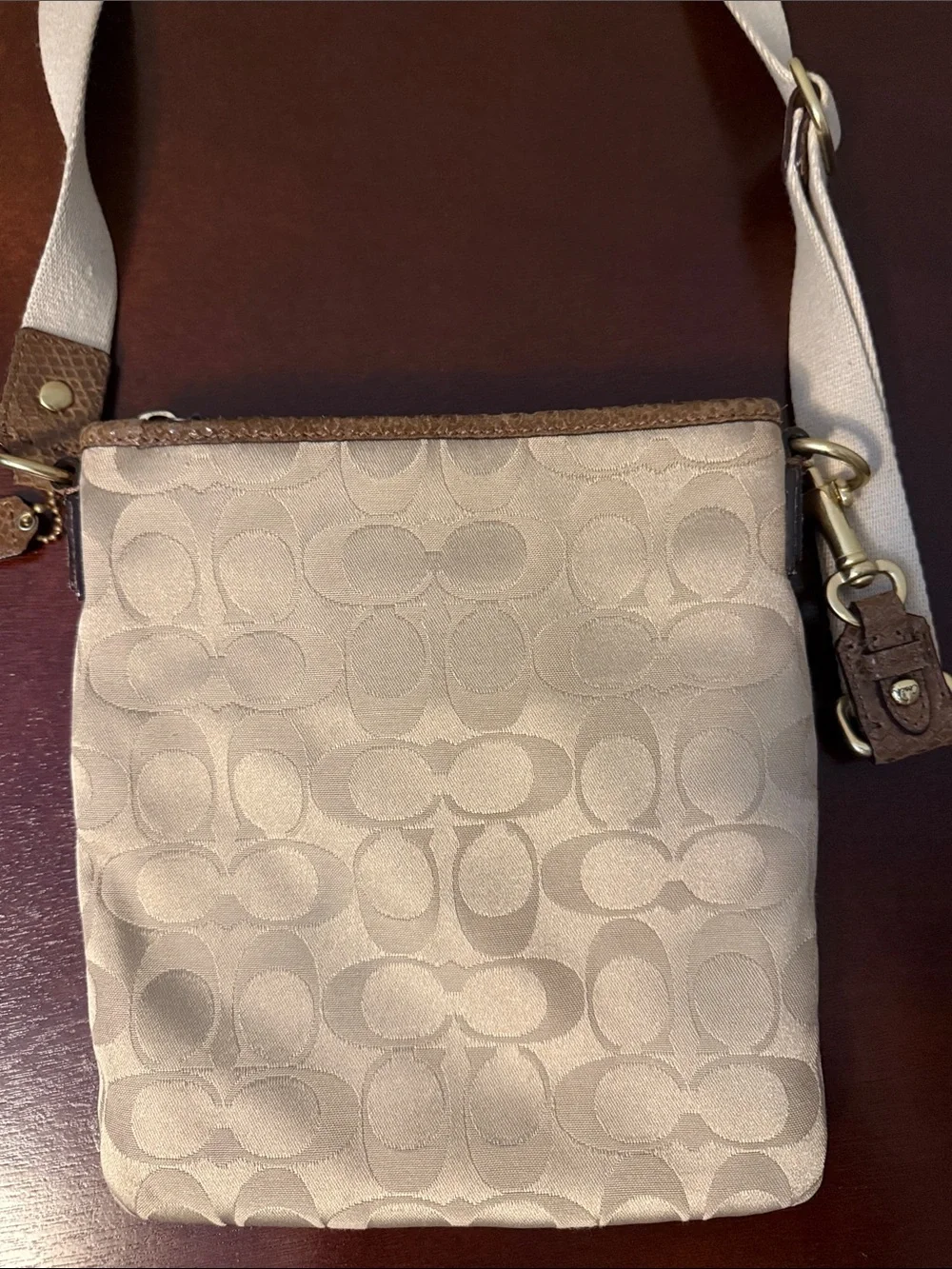 Coach Beige Signature Crossbody with Brown Leather Trim